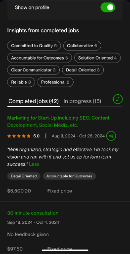Upwork completed jobs and verified client review record