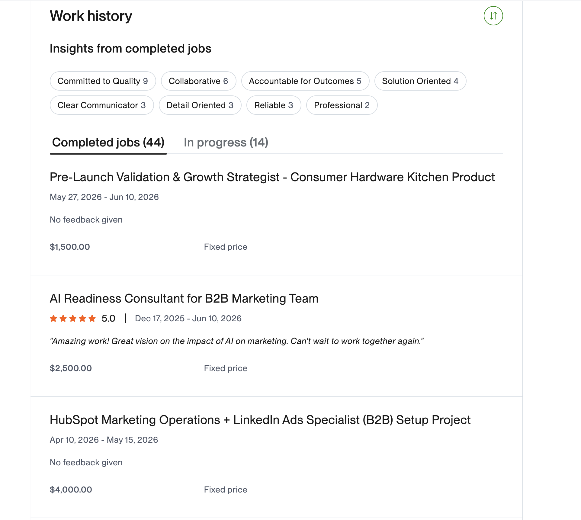 Upwork work history showing 44 completed jobs and a verified 5-star review