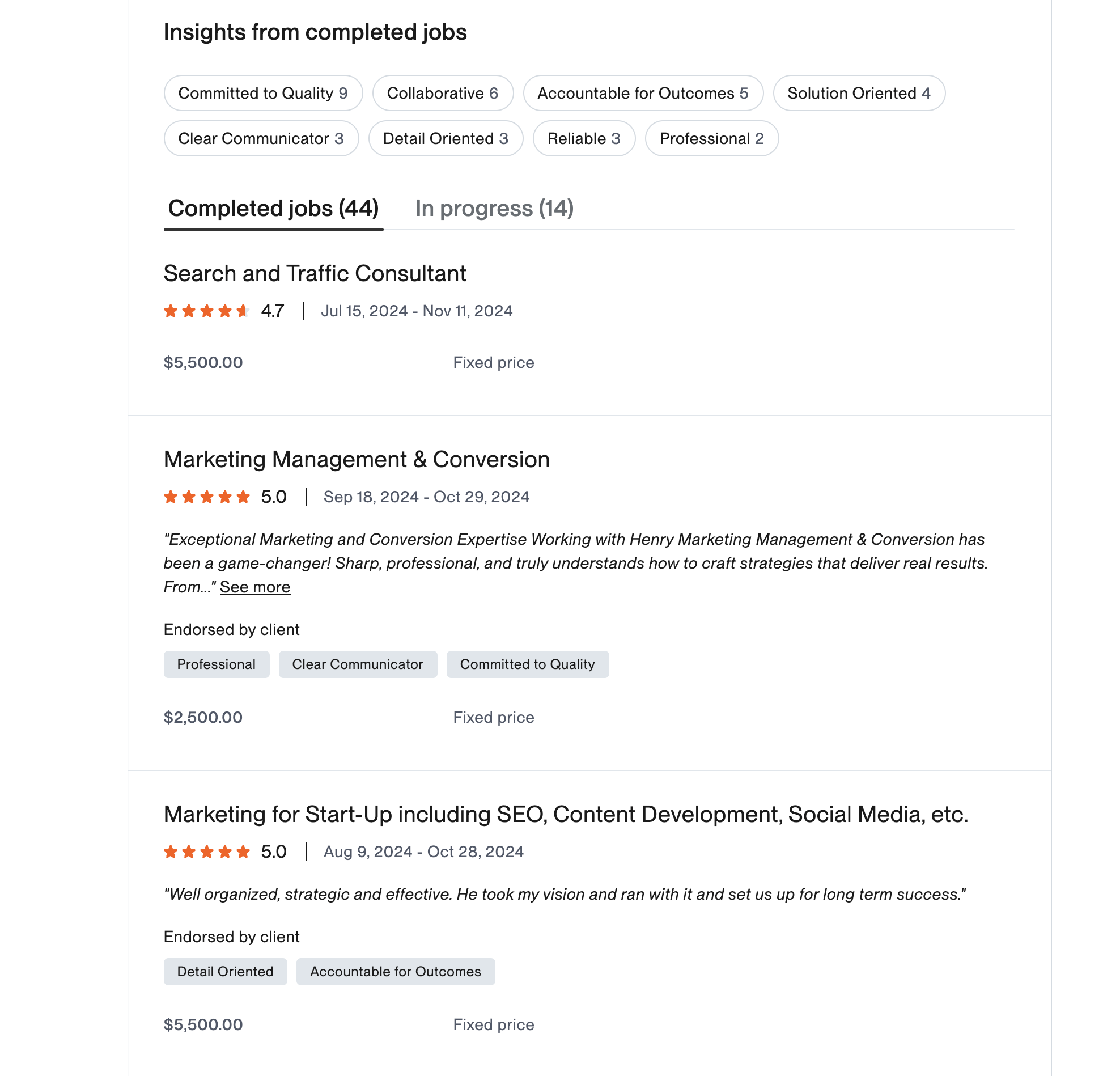 Upwork work history showing multiple verified 5-star client reviews