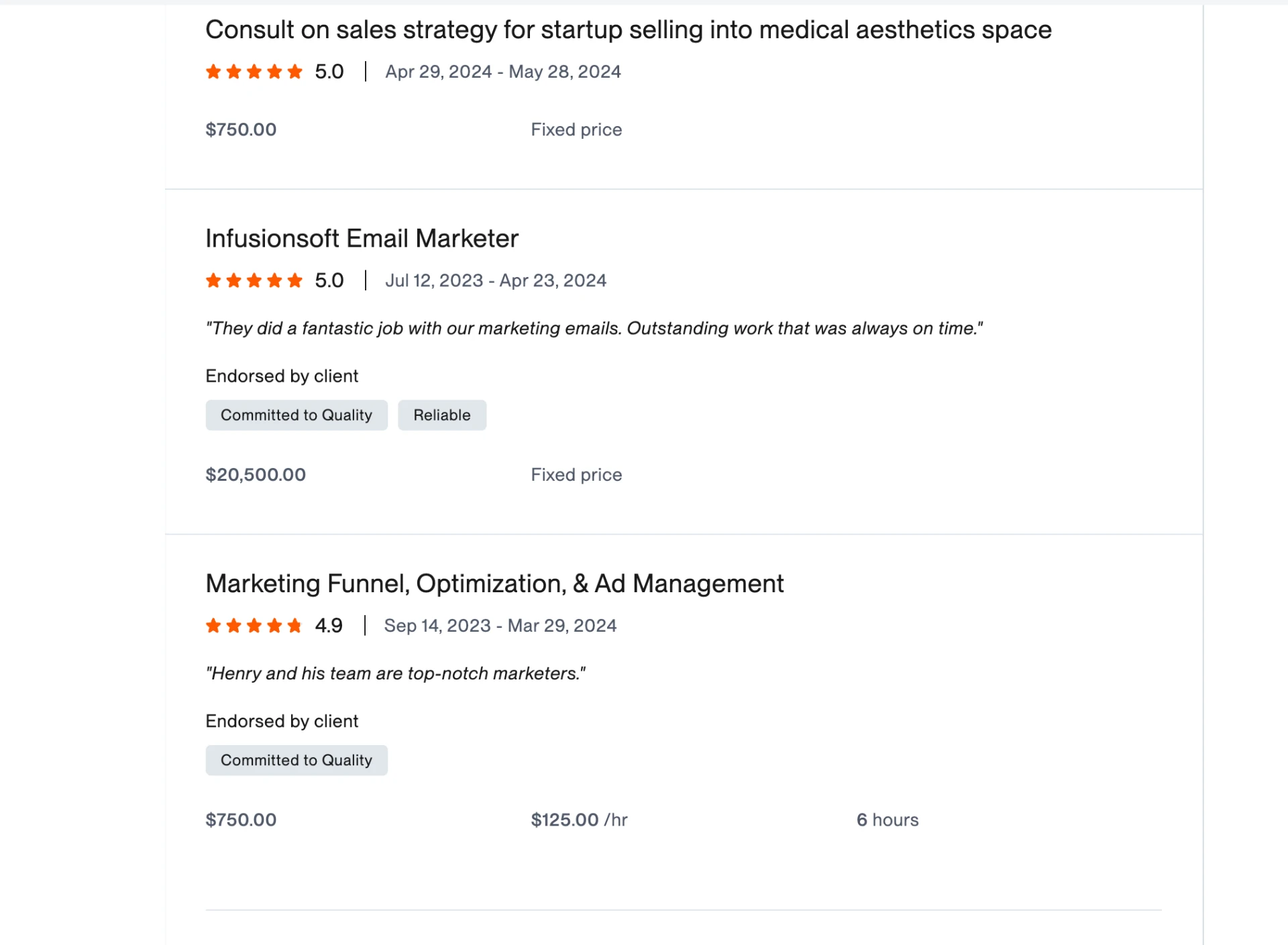 Upwork work history showing verified client reviews and completed projects